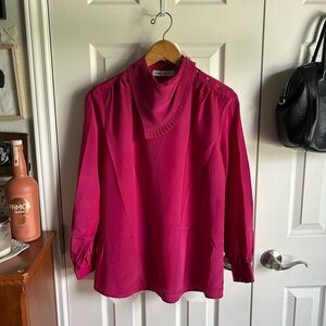 bold pink long sleeve accordion collar vintage blouse mid century academia
